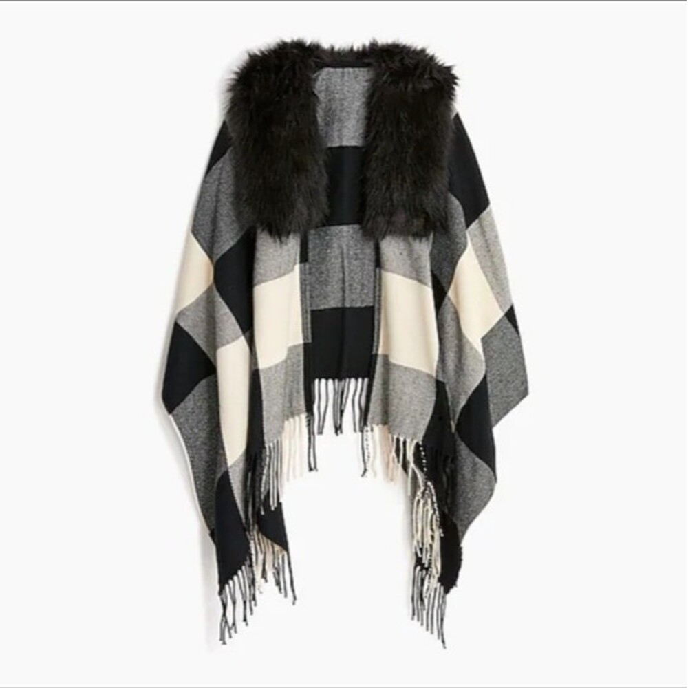 NWT J. Crew Factory Women's One Size Faux-Fur Plaid Cape Poncho